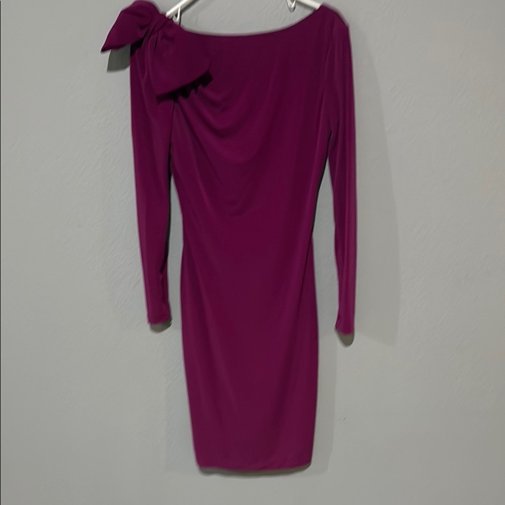 Badgley Mischka Magenta One-Shoulder Long Sleeve Bow Dress